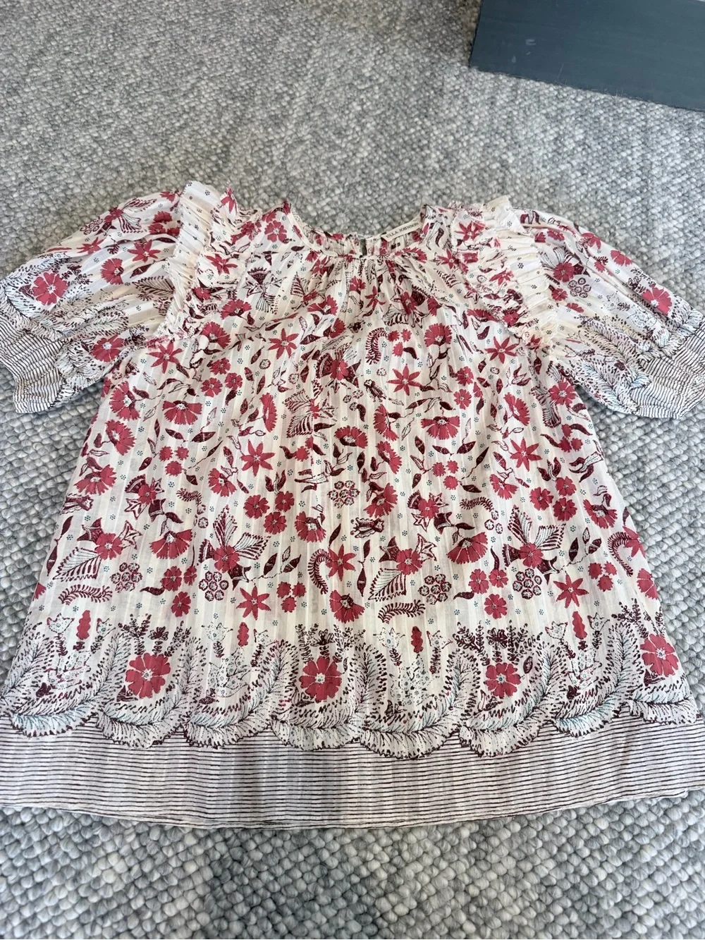Ulla Johnson Cream Blouse with Coral Floral Print and Ruffled Shoulders